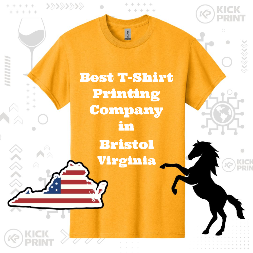 A yellow t-shirt with bold white text reading Best T-Shirt Printing Company in Bristol Virginia, surrounded by a Virginia state graphic, a black horse silhouette, and light gray icons in the background.