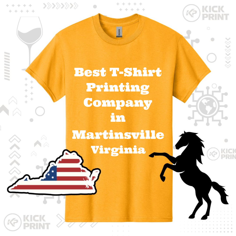 A yellow t-shirt with the white text Best T-Shirt Printing Company in Martinsville Virginia, surrounded by graphics of a black horse, the state of Virginia with an American flag design, and design elements.