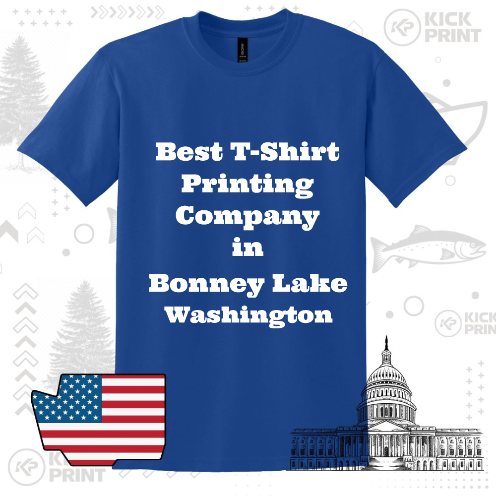 A blue t-shirt with bold white text reading, Best T-Shirt Printing Company in Bonney Lake Washington. The background features an American flag, the U.S. Capitol, and light graphic elements.