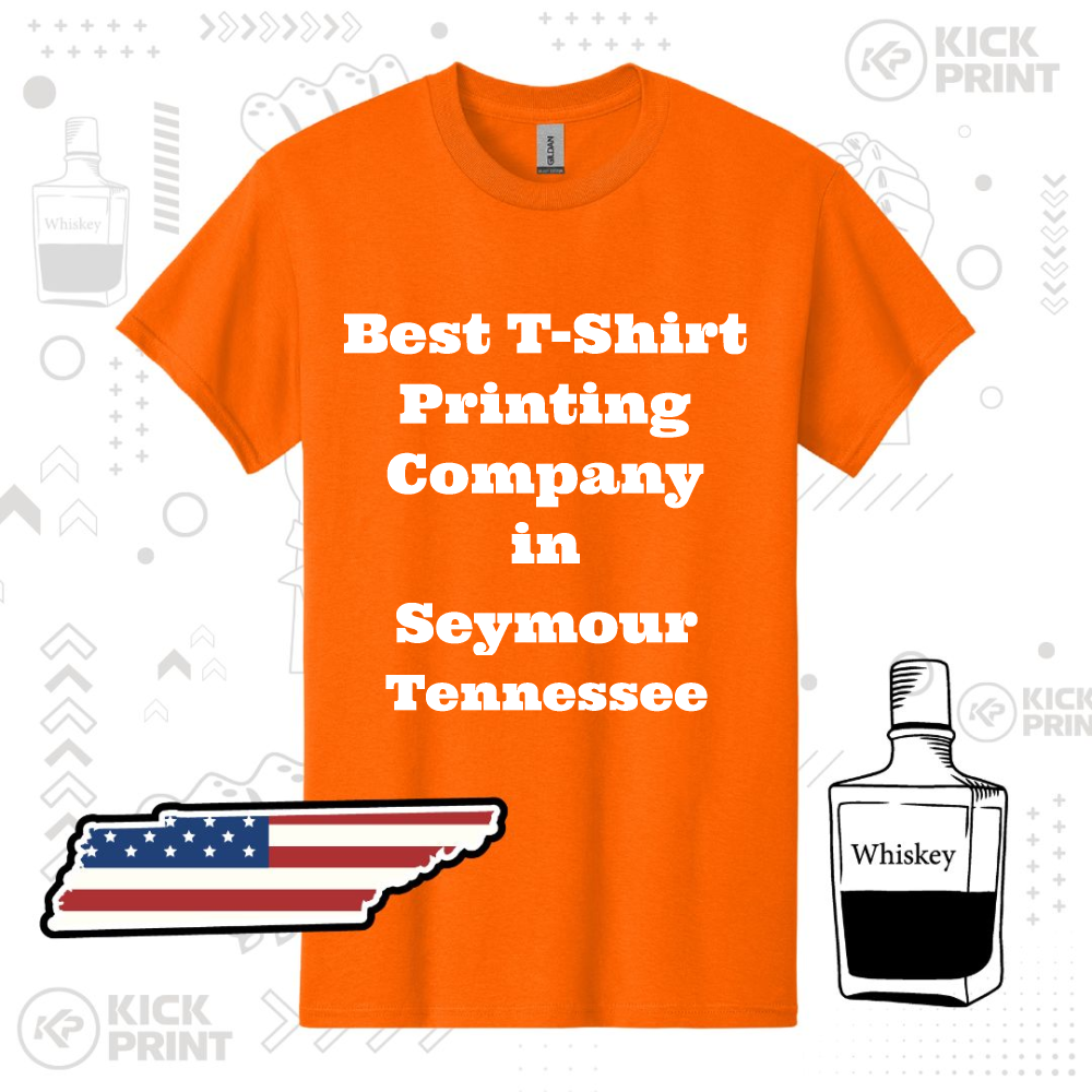 An orange T-shirt with the white text Best T-Shirt Printing Company in Seymour Tennessee. The background has graphics of whiskey bottles, a Tennessee state outline with an American flag, and decorative patterns.