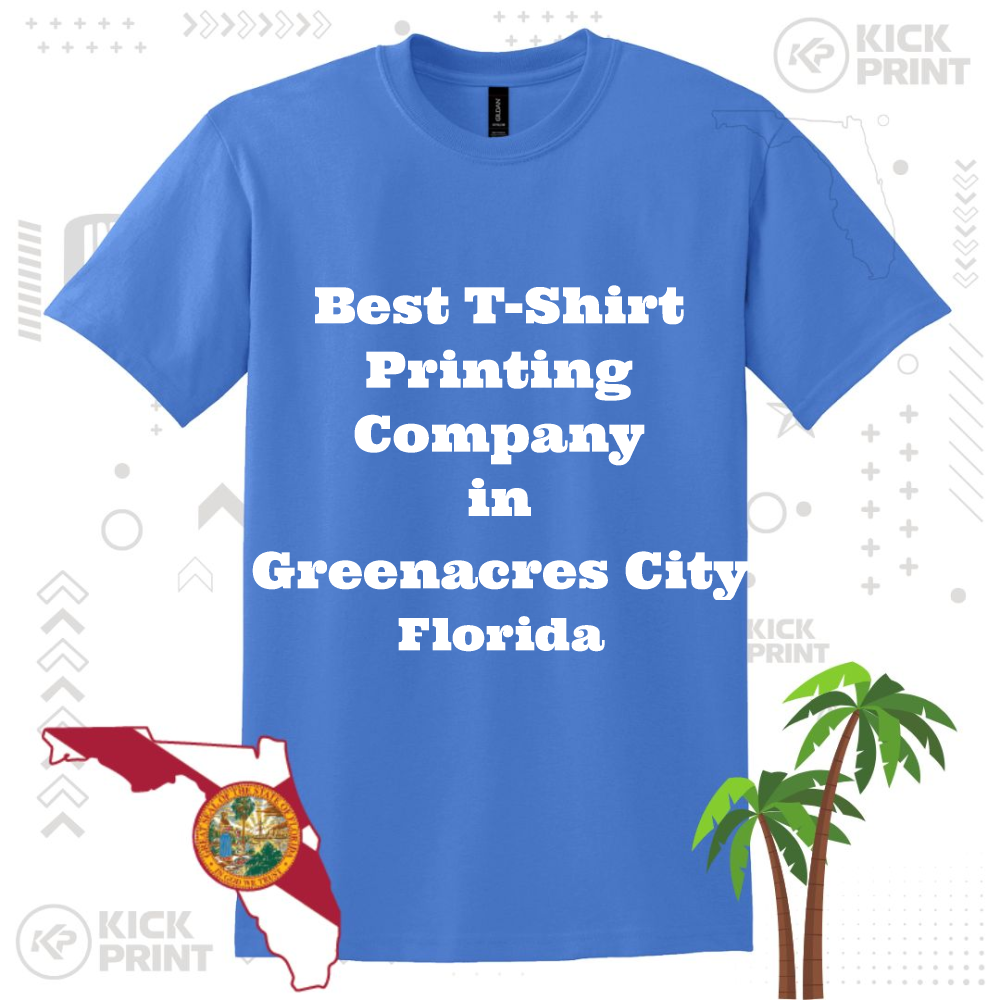 A blue t-shirt with bold white text that reads, Best T-Shirt Printing Company in Greenacres City Florida, is centered among graphics of a palm tree, Florida state outline, and the Florida state seal.