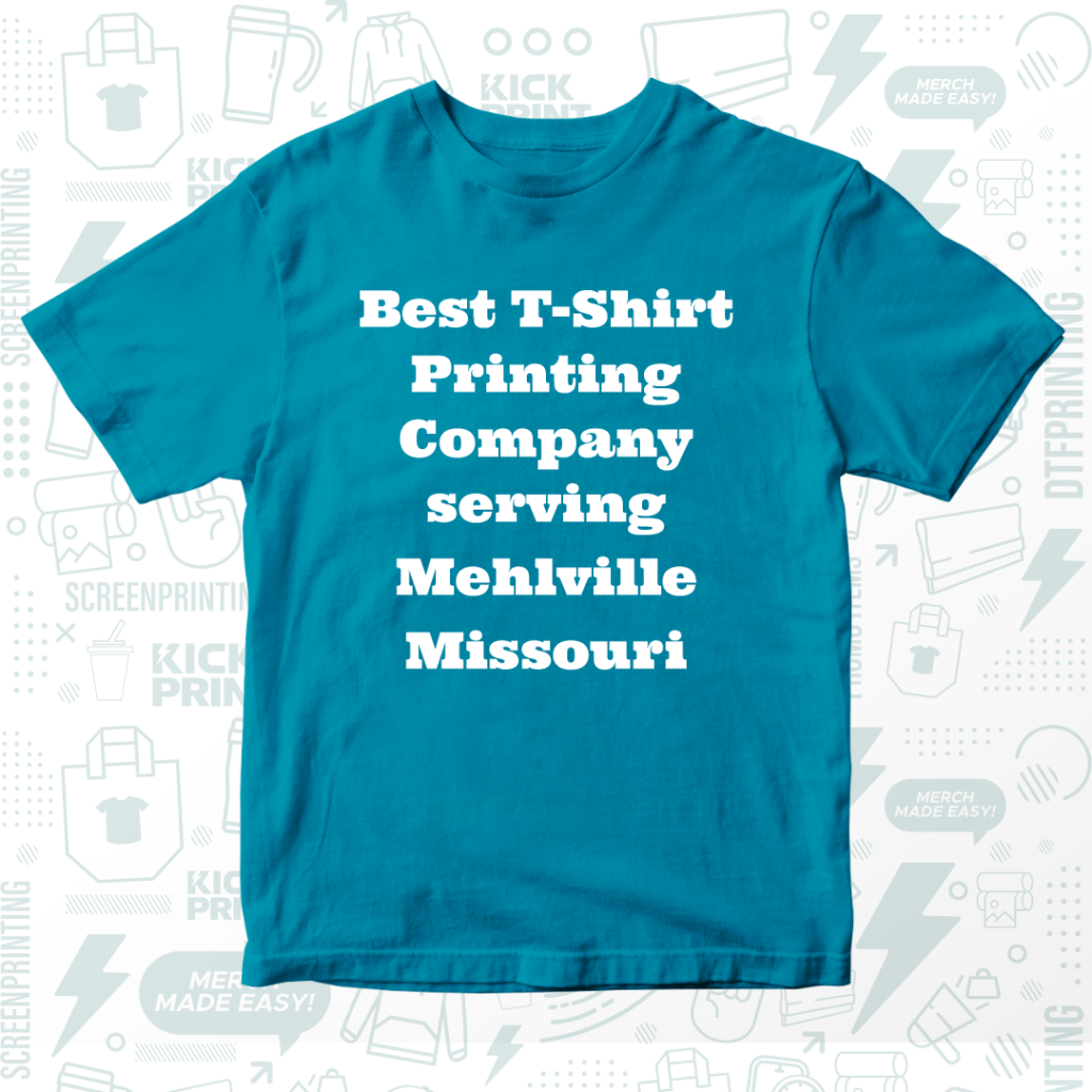 A blue t-shirt displays the white text: Best T-Shirt Printing Company serving Mehlville Missouri. The background features faint illustrations of printing-related icons.