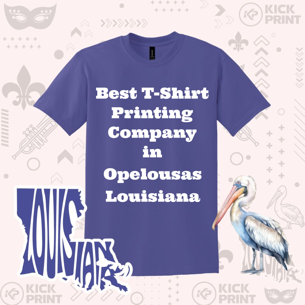 A purple T-shirt with white text that reads, Best T-Shirt Printing Company in Opelousas Louisiana. The background features a pelican illustration and a stylized Louisiana graphic. Various subtle icons and Kick Print logos are also visible.