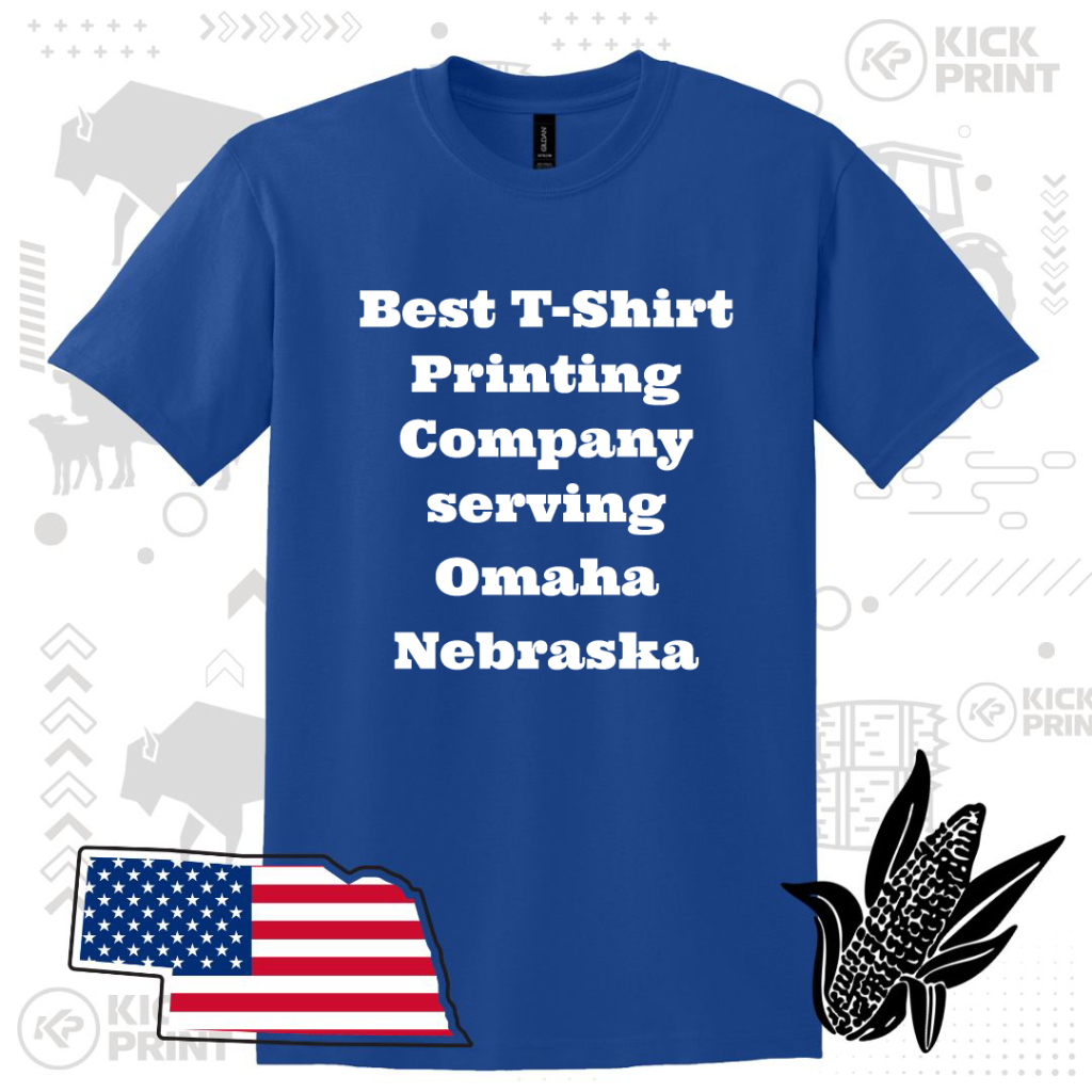 A blue t-shirt with bold white text that reads Best T-Shirt Printing Company serving Omaha Nebraska. The background features subtle icons, a Nebraska flag cutout, an ear of corn, and company branding elements.