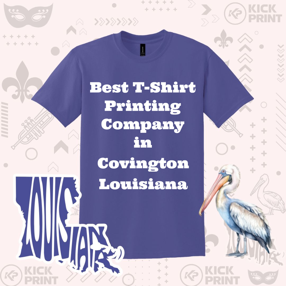 A purple T-shirt with the text Best T-Shirt Printing Company in Covington Louisiana is centered on a patterned background featuring a pelican, the word Louisiana, and musical illustrations.