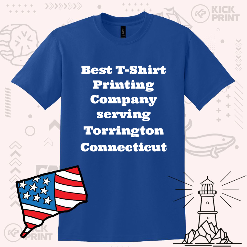A blue t-shirt with bold white text that reads, Best T-Shirt Printing Company serving Torrington Connecticut, displayed with illustrations of a patriotic map, lighthouse, and abstract graphics in the background.