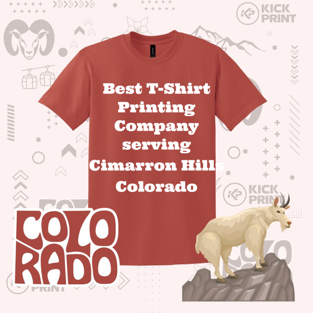 A red t-shirt with bold white text reads Best T-Shirt Printing Company serving Cimarron Hills Colorado. The background features Colorado-themed graphics including a mountain goat, mountains, and the word Colorado.