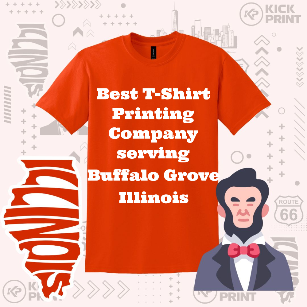 An orange t-shirt with white bold text that reads Best T-Shirt Printing Company serving Buffalo Grove Illinois. The background features Illinois state graphics, an Abraham Lincoln illustration, and printing-related icons.