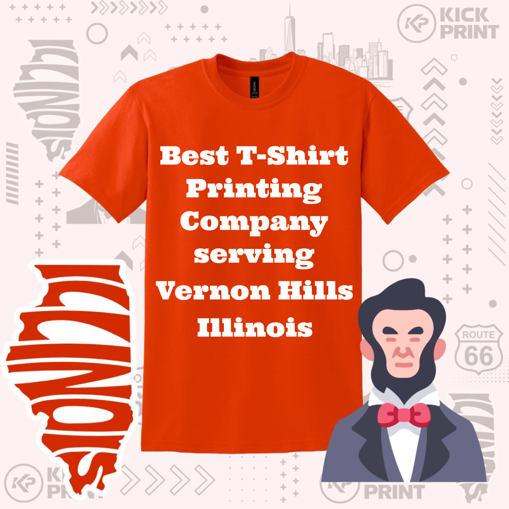 An orange t-shirt with white text reads Best T-Shirt Printing Company serving Vernon Hills Illinois. The image includes an Illinois state outline and an illustrated Abraham Lincoln portrait. Background has subtle graphic patterns.
