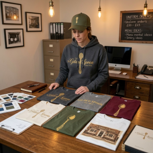 A person in a hoodie and cap with “The Gilded Spoon Bistro” logo arranges custom T-shirts on a table in an office filled with swatches, papers, and a laptop; order and menu boards highlight the restaurant branding on the wall.