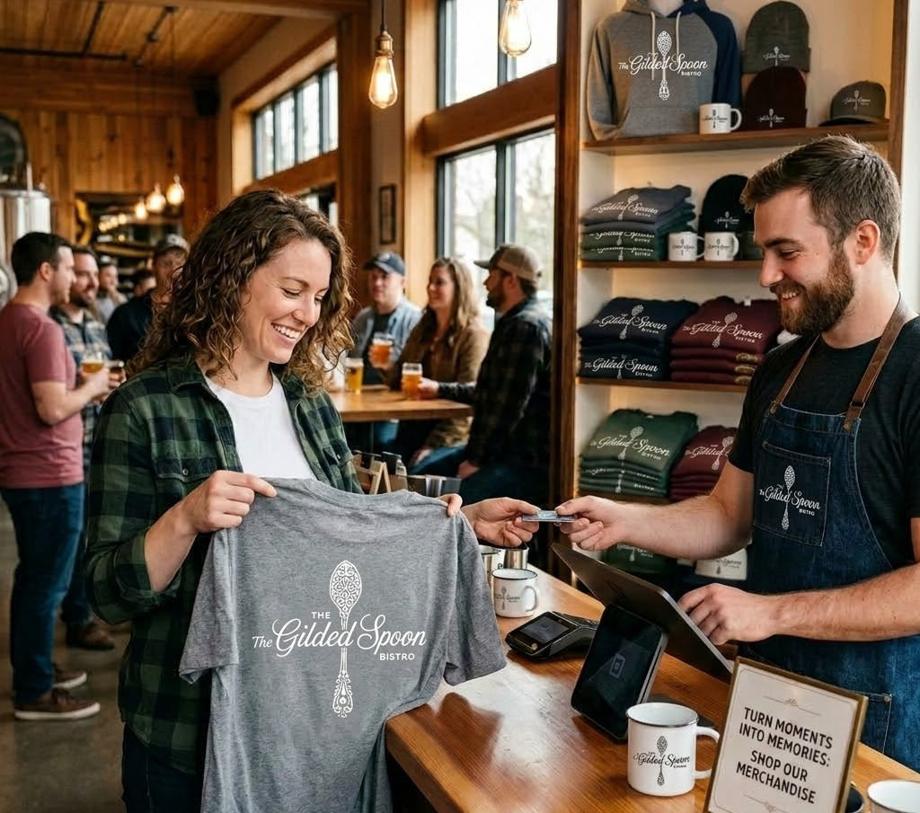 A woman smiles while purchasing a custom t-shirt featuring “The Gilded Spoon Bistro” restaurant branding from a man behind the counter in a cozy cafe. Shelves with folded shirts, mugs, and a sign promoting restaurant merchandise are visible in the background.