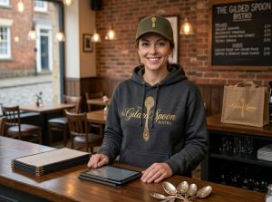 A smiling woman in The Gilded Spoon Bistro hoodie and cap stands behind the counter with menus, a tablet, and spoons—highlighting unique restaurant branding and stylish restaurant merchandise. Tables and a menu board fill the background.