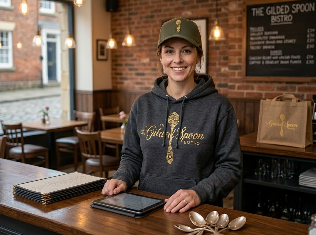 A smiling woman in The Gilded Spoon Bistro hoodie and cap stands behind the counter with menus, a tablet, and spoons—highlighting unique restaurant branding and stylish restaurant merchandise. Tables and a menu board fill the background.