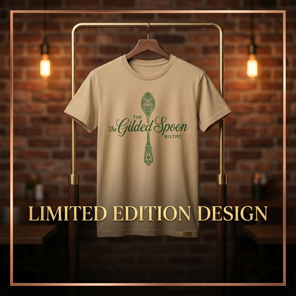 A beige t-shirt featuring a green ornate spoon and The Gilded Spoon Bistro showcases stylish restaurant branding, hanging in a warmly lit room with exposed brick walls. Text overlay at the bottom reads Limited Edition Design.