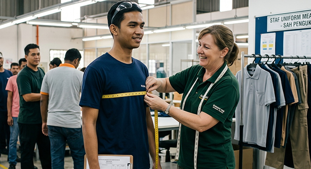 A woman uses a measuring tape to take the chest measurement of a smiling man in a clothing factory, where custom apparel and uniforms are crafted, with others working in the background.