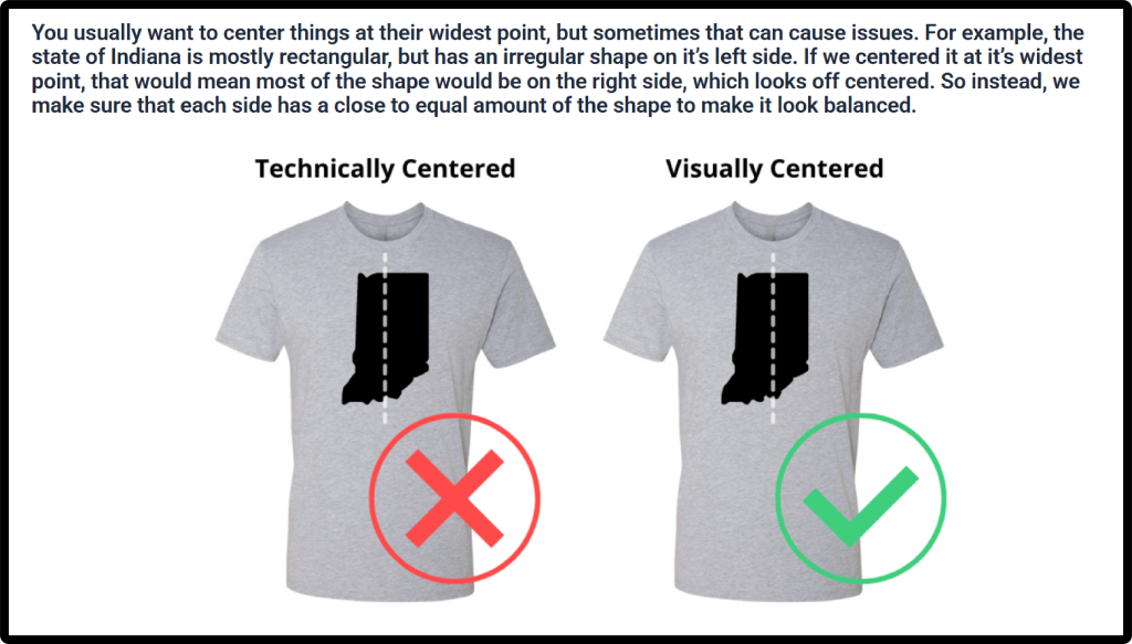 Two gray t-shirts with a black shape of Indiana. Left shirt shows the shape technically centered with a dashed line and red X; right has it visually centered with a dashed line and green check—perfect inspiration for custom restaurant t-shirts.