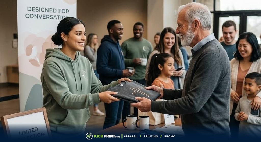 A young woman hands a folded church t-shirt with a cross to an older man at an event table, while smiling people and families gather around in a friendly, indoor community setting.