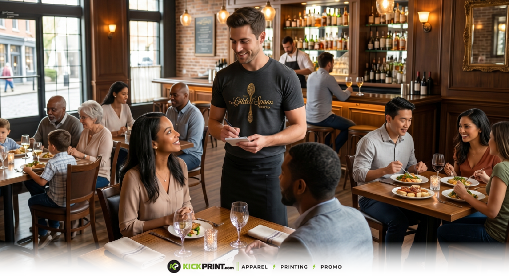 A smiling waiter in custom restaurant t-shirts takes an order from a seated couple at a busy, warmly lit restaurant, with other diners enjoying meals and conversations in the background. The atmosphere is lively and welcoming.