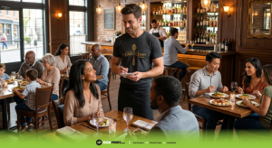 A smiling waiter in a custom restaurant t-shirt takes an order from a seated couple in a lively, upscale restaurant with diners enjoying meals and conversations at wooden tables. The atmosphere is warm and inviting, reflecting thoughtful restaurant branding.