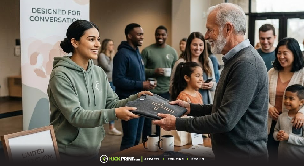 A young woman hands a folded church t-shirt with a cross symbol to an older man at a merchandise table while others smile and wait in line at a friendly indoor event.