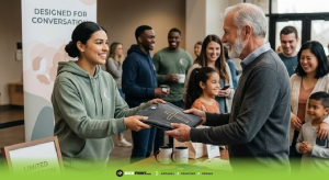 A smiling young woman hands a folded church t-shirt with a cross design to an older man at an indoor event. Other people, including children, are gathered in the background, creating a friendly, community atmosphere.