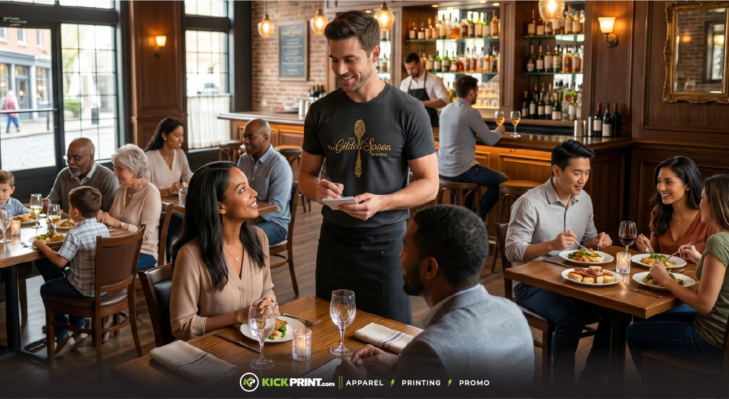 A smiling waiter in custom restaurant t-shirts takes orders from a group of four at a busy, warmly lit restaurant. Other diners enjoy meals and conversations nearby, adding to the lively and welcoming atmosphere that enhances the restaurant branding.