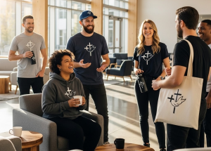 A group of smiling adults in casual clothing with Christian symbols chat and laugh together in a bright, modern lounge, showcasing church merch ideas like branded water bottles and tote bags while one person sits holding a mug.