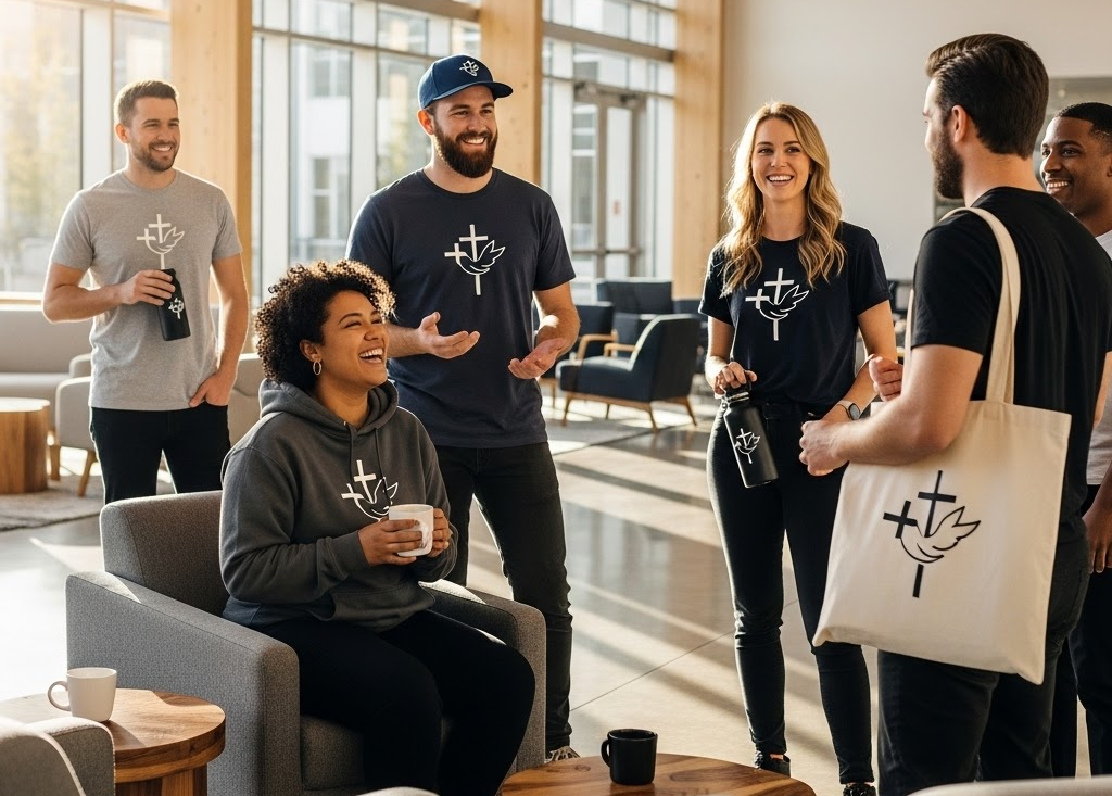 A group of smiling adults in casual clothing with Christian symbols chat and laugh together in a bright, modern lounge, showcasing church merch ideas like branded water bottles and tote bags while one person sits holding a mug.