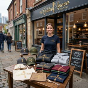 A woman stands smiling behind a table displaying custom restaurant t-shirts, hats, tote bags, and hoodies outside The Gilded Spoon Bistro. A chalkboard sign promotes limited edition merchandise to support the bistro's branding.