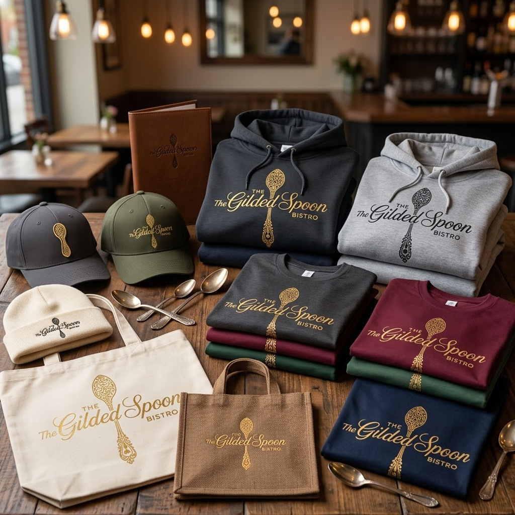 A display of “The Gilded Spoon Bistro” restaurant branding, including custom restaurant t-shirts, hoodies, hats, tote bags, mugs, and gold spoons on a wooden table in a cozy restaurant setting.