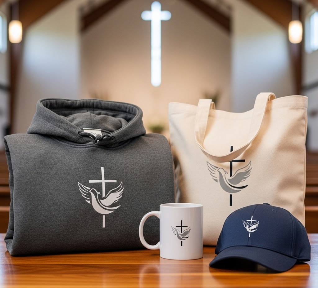 A hoodie, tote bag, mug, and cap with a dove and cross logo are displayed on a wooden surface inside a church, featuring glowing cross light in the background—perfect additions to your church merch collection.