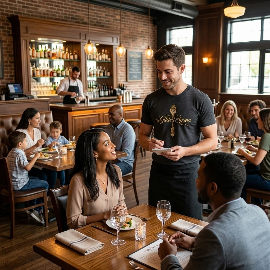 A smiling waiter in stylish restaurant apparel takes an order from a seated couple in a busy, warmly lit restaurant. Other diners, including families and groups, enjoy their meals. Shelves with bottles and glasses are visible in the background.