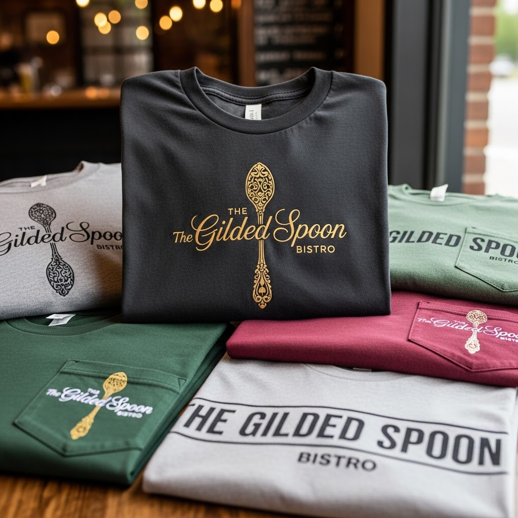 A display of restaurant t-shirts in various colors featuring The Gilded Spoon Bistro logo and designs, arranged on a table inside a cozy restaurant with warm lighting.