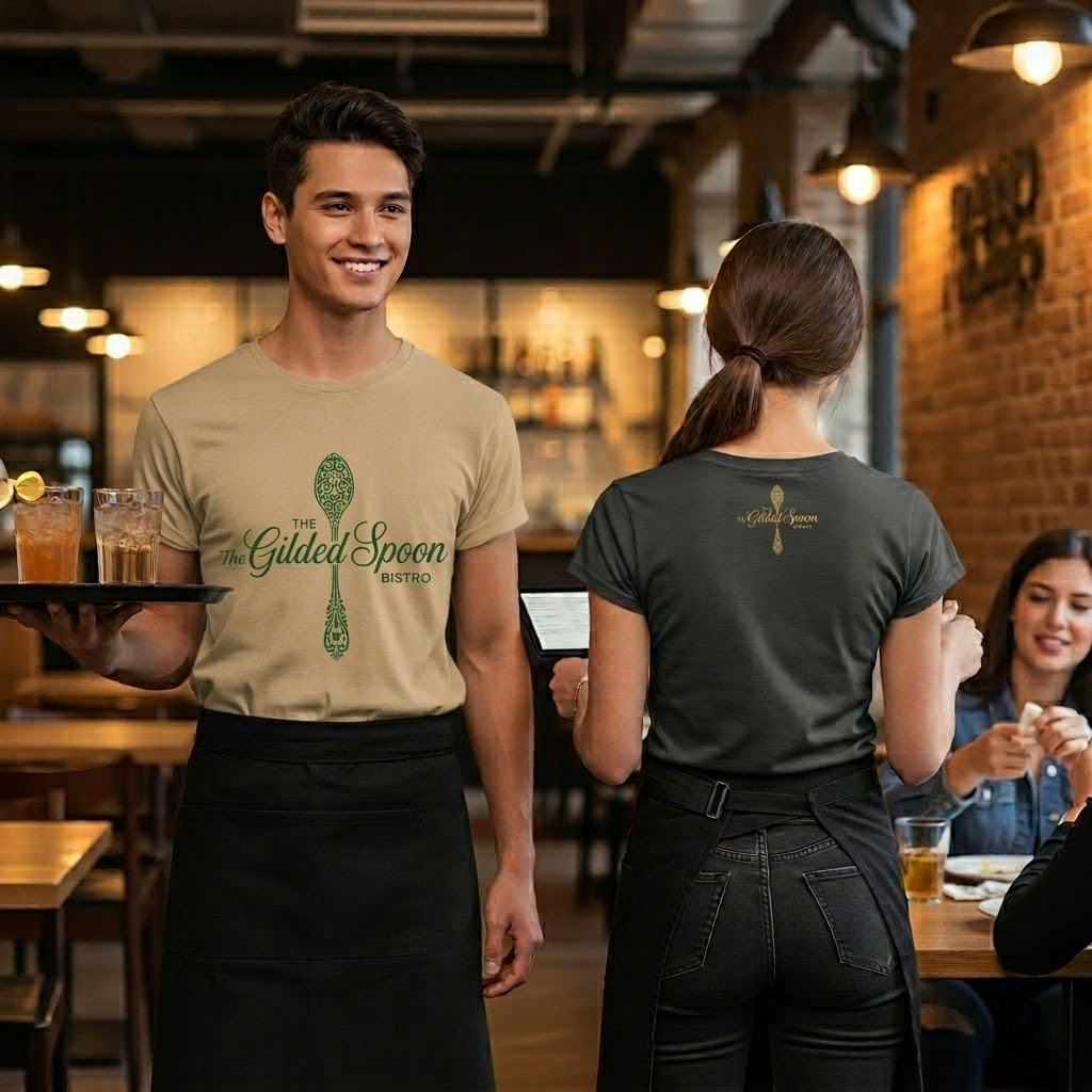 Two restaurant servers in custom t-shirts featuring “The Gilded Spoon Bistro” logo stand in a warmly lit restaurant. One smiles while holding drinks, as diners enjoy their meals in the background, showcasing stylish restaurant branding.