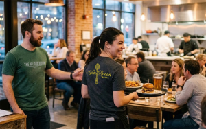 A smiling server in a custom t-shirt carries a tray with a burger, fries, and beer in a busy, modern restaurant. Warm lighting and large windows boost restaurant brand, creating a lively, welcoming atmosphere filled with diners.