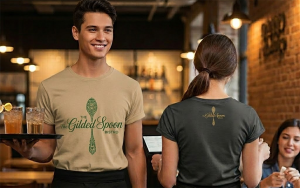 A smiling male server holding drinks stands beside a female server with a notepad. Both wear custom t-shirts featuring The Gilded Spoon Bistro logo, helping boost restaurant brand recognition in the warmly lit dining area.