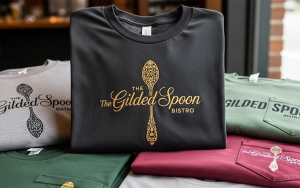 A folded black T-shirt features a gold ornate spoon and the text “The Gilded Spoon Bistro,” showcasing custom restaurant t-shirts perfect for restaurant branding. Other shirts in gray, green, and burgundy with similar designs are displayed around it.