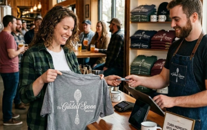 A smiling woman buys a custom T-shirt reading The Gilded Spoon Bistro from a cashier in an apron at a rustic shop, showing how restaurant branding can boost your restaurant, with folded shirts and other customers in the background.