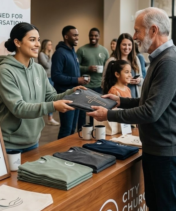 A woman hands a church t-shirt with a cross symbol to an older man at a church merchandise table, surrounded by people smiling and chatting. Shirts, mugs, and tote bags are displayed on the table.