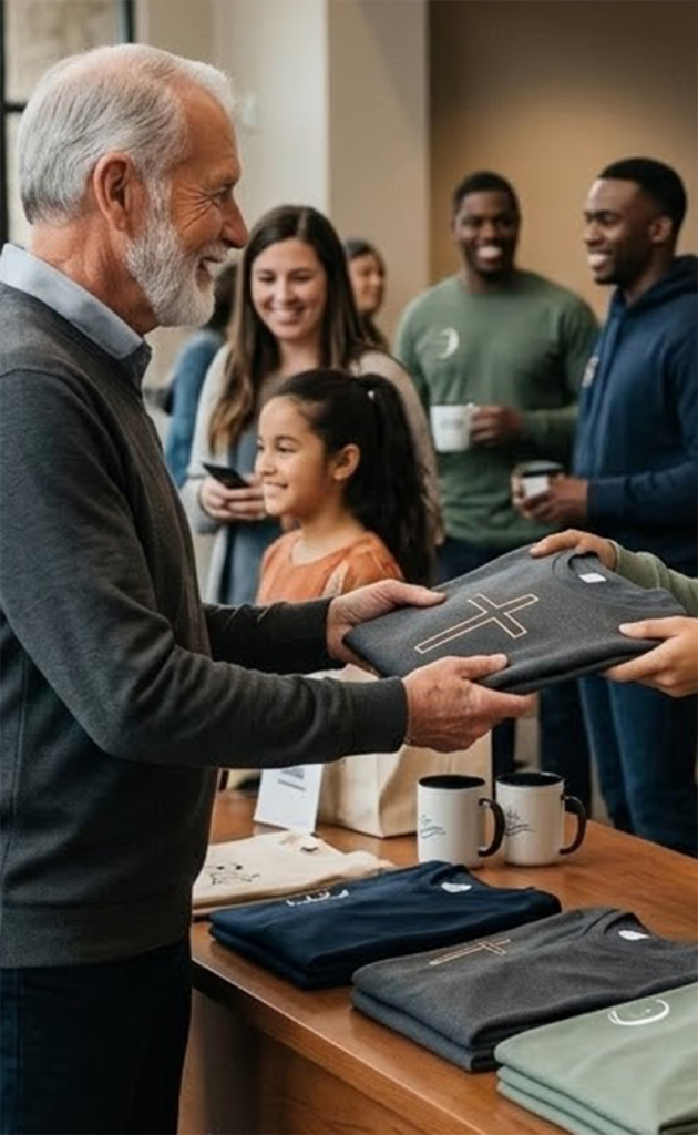 A smiling older man exchanges a folded sweatshirt with a cross on it across a table, showcasing church merch, while people of various ages chat and drink coffee in the background. Other sweatshirts and mugs are displayed on the table.