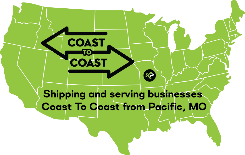A bright green map of the U.S. shows large arrows labeled Coast to Coast, with a marked location in Pacific, MO. Text reads: Shipping and serving businesses Coast To Coast from Pacific, MO.