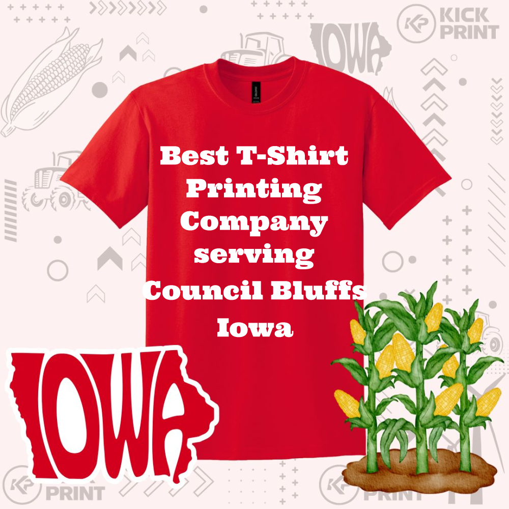 A red t-shirt with white text reads Best T-Shirt Printing Company serving Council Bluffs Iowa. The design includes corn graphics, the word Iowa in bold letters, and farm-themed illustrations in the background.