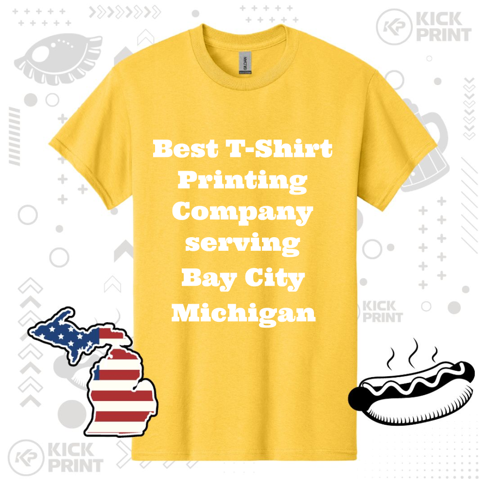 A yellow T-shirt with bold white text reading, Best T-Shirt Printing Company serving Bay City Michigan. The background features icons of Michigan, a hot dog, and assorted graphic elements.