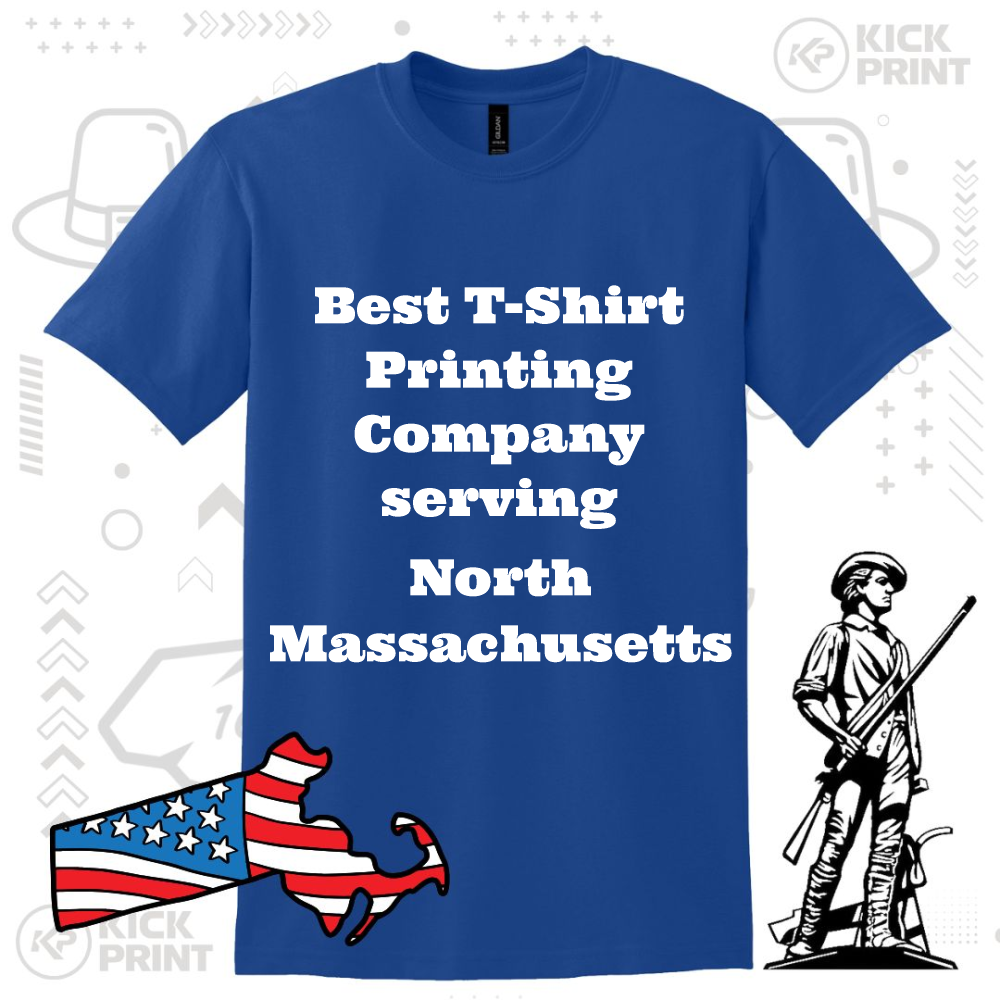Blue t-shirt with bold white text: Best T-Shirt Printing Company serving North Massachusetts. Surrounding graphics include a red Massachusetts map with a U.S. flag pattern and a black-and-white colonial soldier illustration.