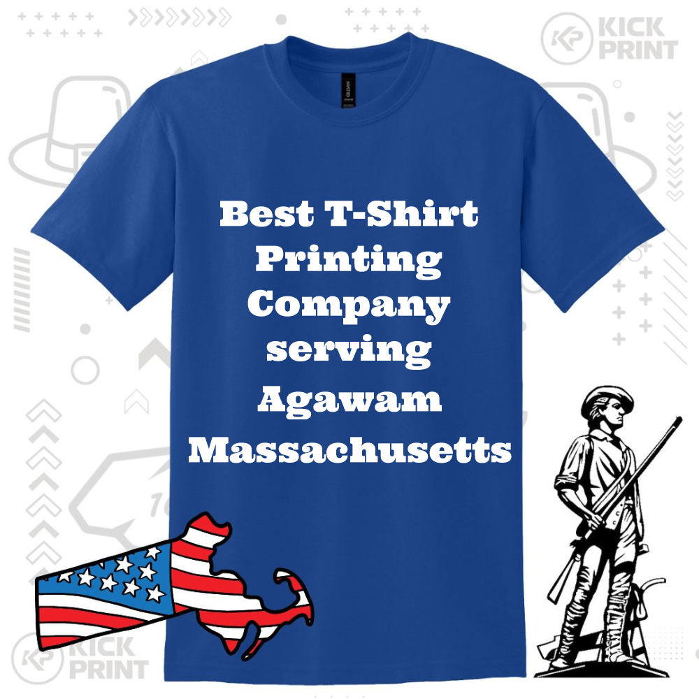 A blue t-shirt with bold white text that reads, Best T-Shirt Printing Company serving Agawam Massachusetts. The shirt is surrounded by graphics of Massachusetts with a flag design and a colonial soldier illustration.
