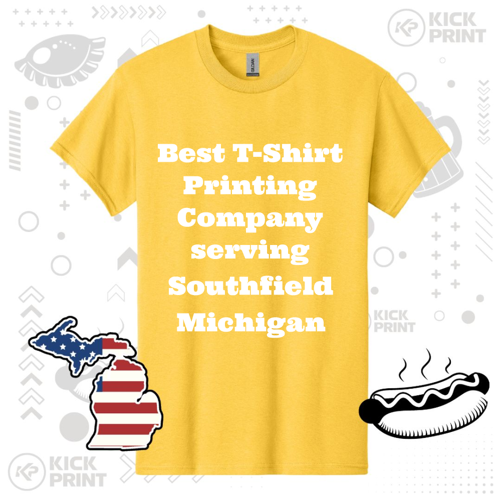 A yellow T-shirt with bold white text reading Best T-Shirt Printing Company serving Southfield Michigan, surrounded by Michigan-themed graphics and the Kick Print logo.