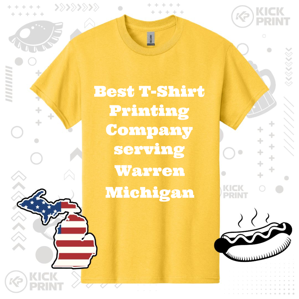 A yellow t-shirt displays the text: Best T-Shirt Printing Company serving Warren Michigan. Surrounding the shirt are graphics of Michigan state with an American flag pattern, a hot dog, and various geometric shapes.