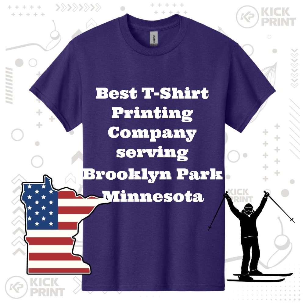 Purple t-shirt with bold white text that reads Best T-Shirt Printing Company serving Brooklyn Park Minnesota. The background has Minnesotas outline with an American flag design and a silhouette of a person skiing.