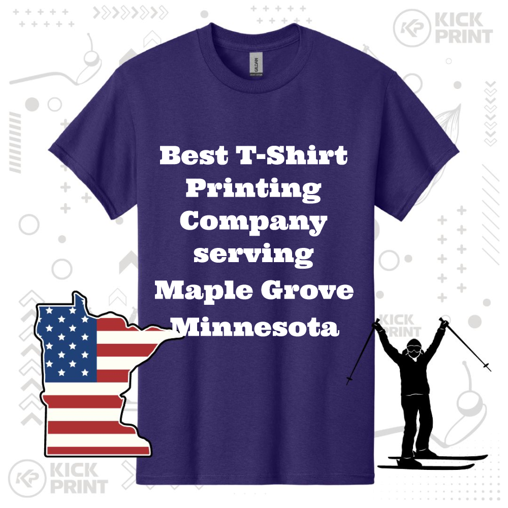 A purple t-shirt with bold white text that reads, Best T-Shirt Printing Company serving Maple Grove Minnesota. Next to it are graphics of Minnesotas map with a US flag pattern and a silhouette of a person skiing.