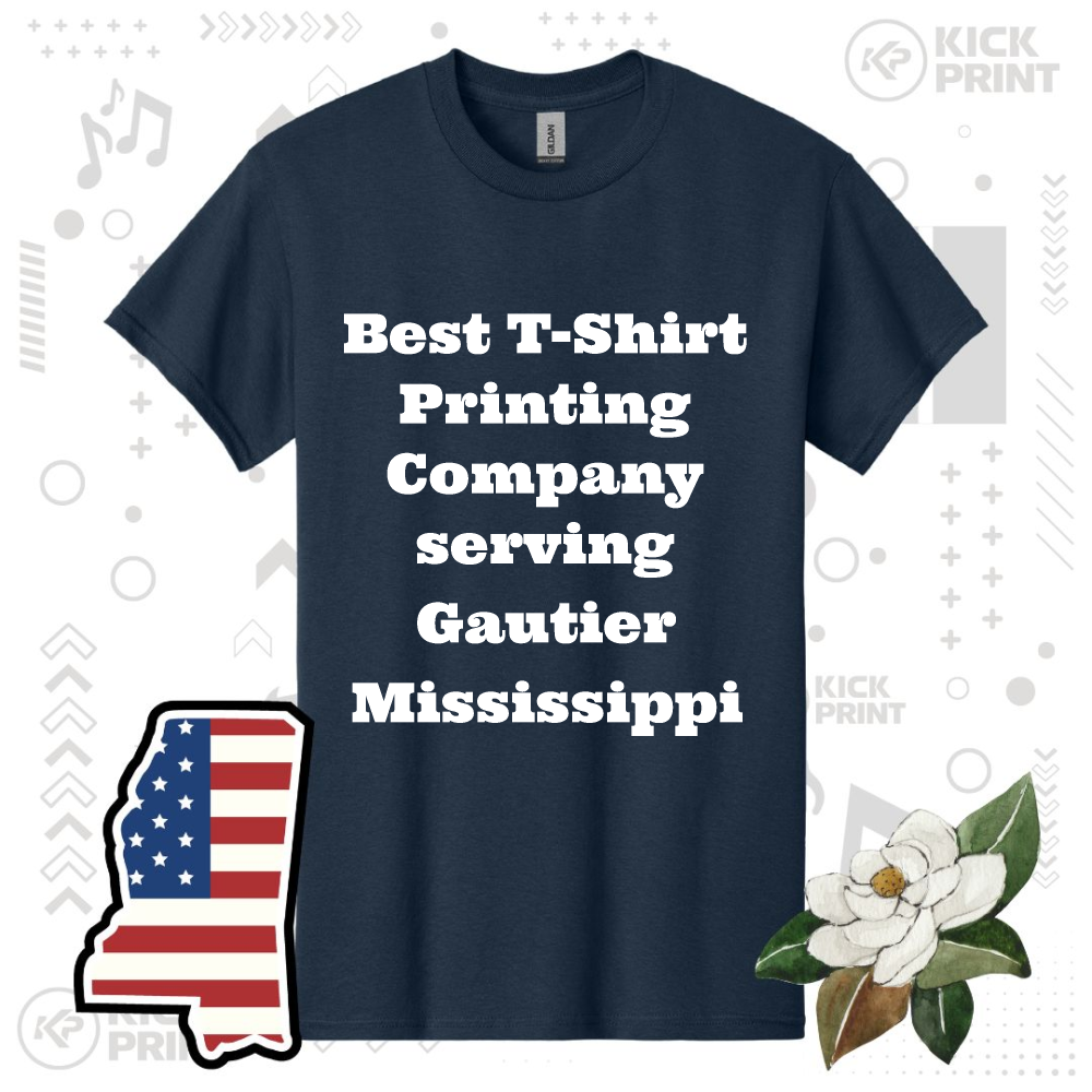 Navy blue t-shirt with white text reading Best T-Shirt Printing Company serving Gautier Mississippi. The image includes a U.S. flag-shaped Mississippi state outline and a magnolia flower on either side of the shirt.